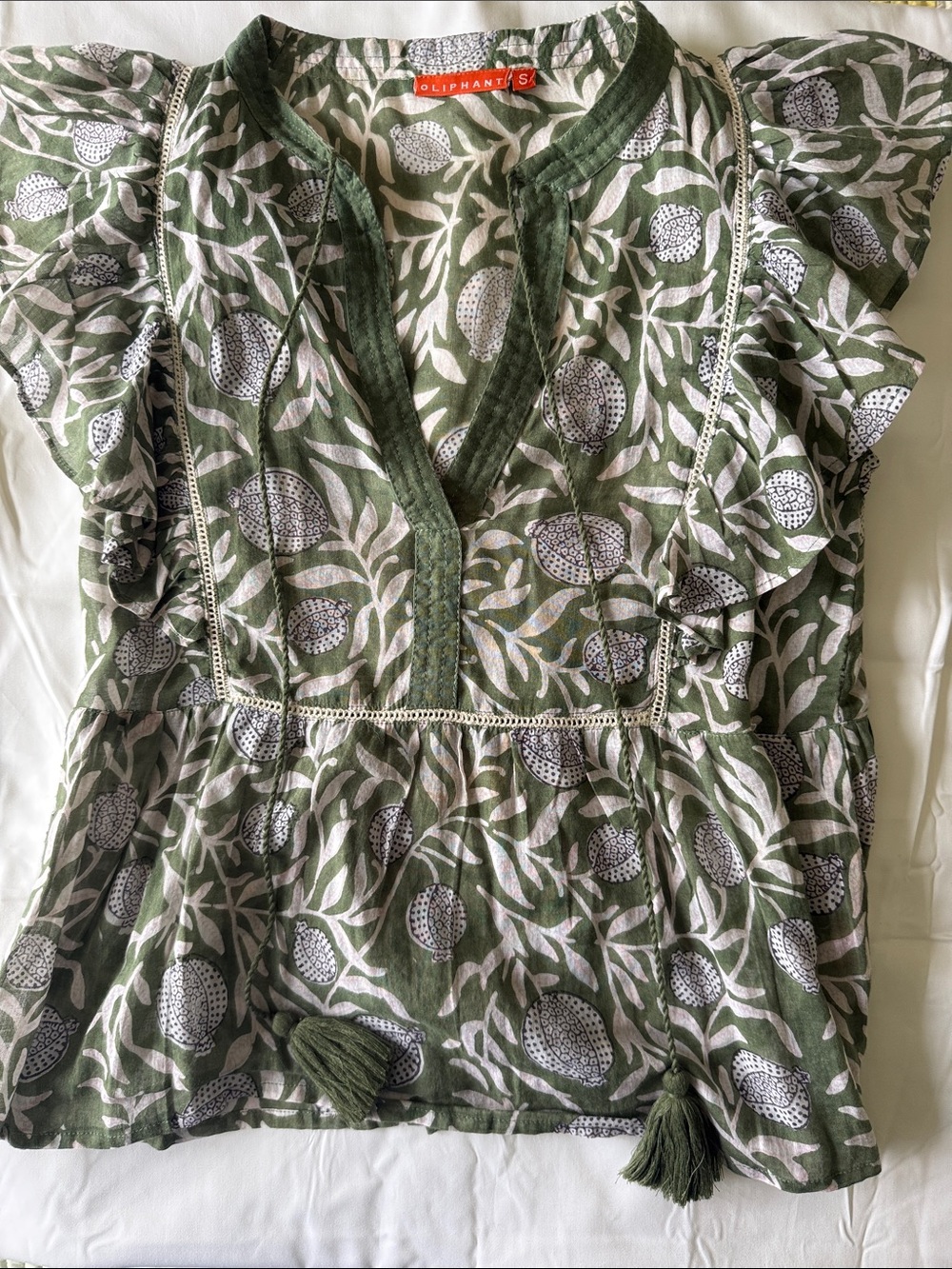 Oliphant Olive Green Botanical Print Tassel V-Neck Tunic